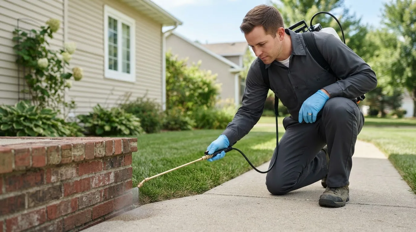 Pest control technician treating a home near Thebes, IL
